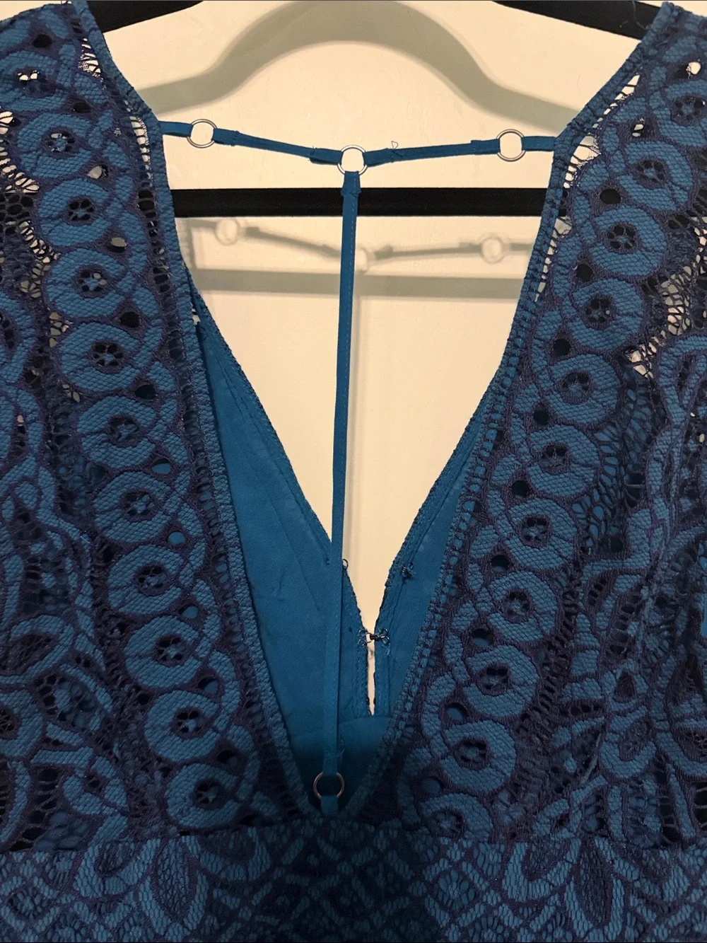 Free People One Million Lovers Teal Navy Crochet Lace V-Neck Mini Dress Size 4